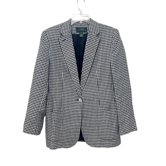 VTG Lauren Ralph Lauren 80s Linen Navy Checkered Oversized Blazer Jacket Sz 12 - Picture 1 of 6